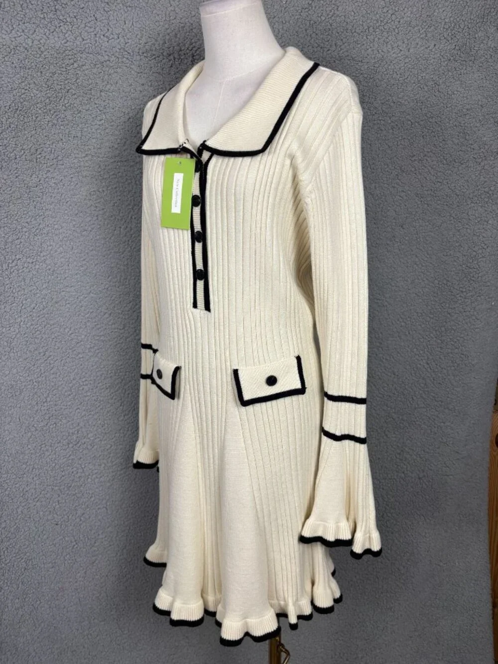 Women's Ribbed Knit Sweater Mini Dress Cream -Black Trim -Size XL New With Tags. - Picture 4 of 8